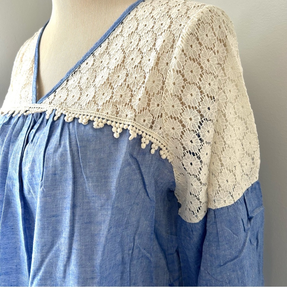 🌸NWT Women’s Handmade Chambray Lace Long Sleeve Top. Size: Large - Picture 11 of 11